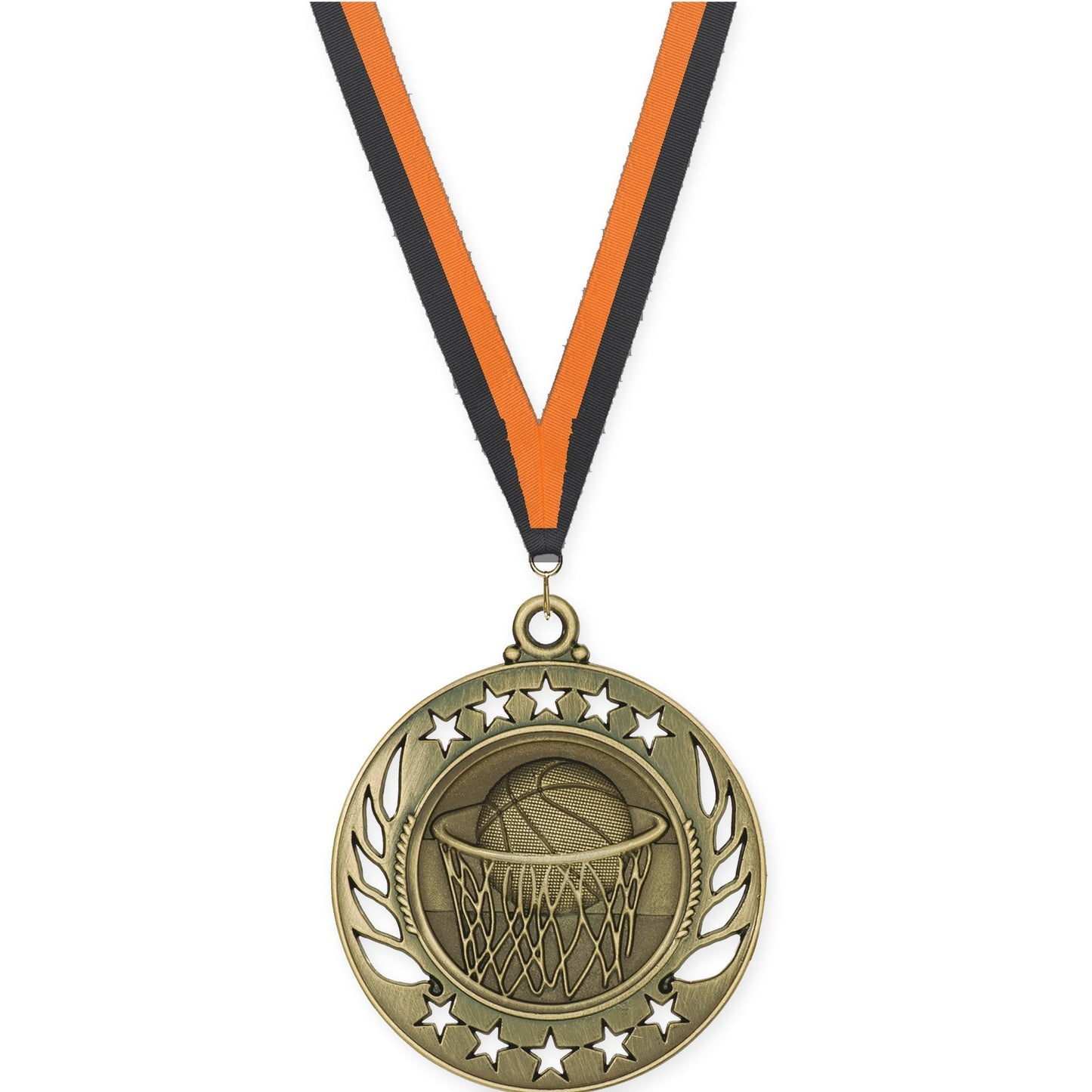2 1/4 inch basketball Galaxy medal in antique gold with Black Orange neck ribbon