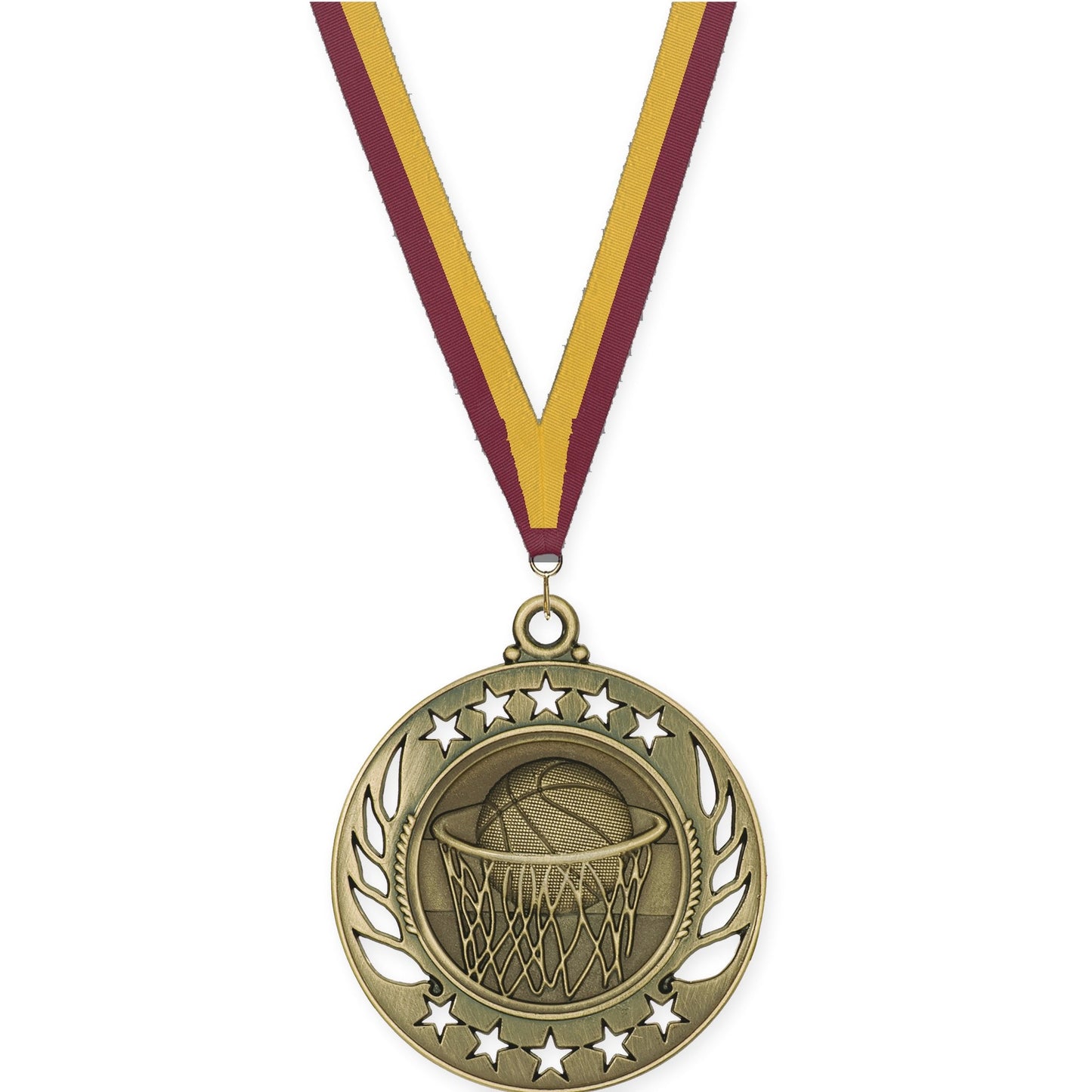 2 1/4 inch basketball Galaxy medal in antique gold with Maroon Gold neck ribbon