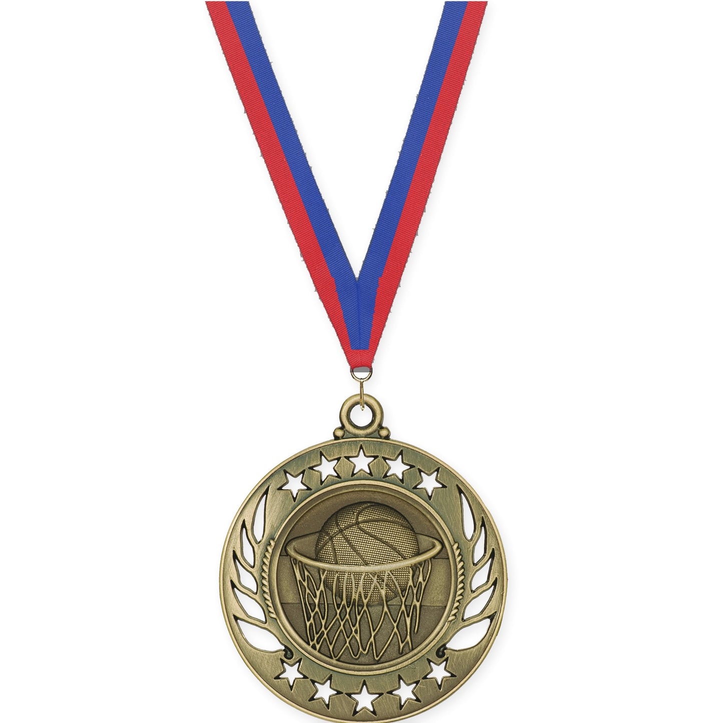 2 1/4 inch basketball Galaxy medal in antique gold with Blue Red neck ribbon