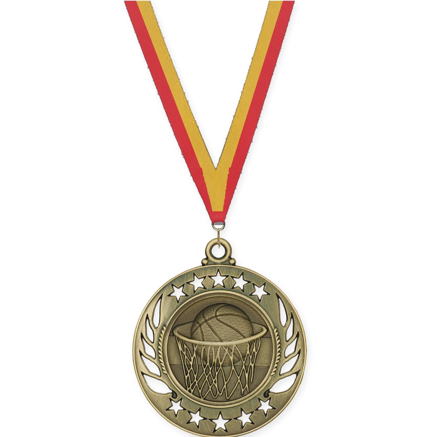 2 1/4 inch basketball Galaxy medal in antique gold with Red Gold neck ribbon