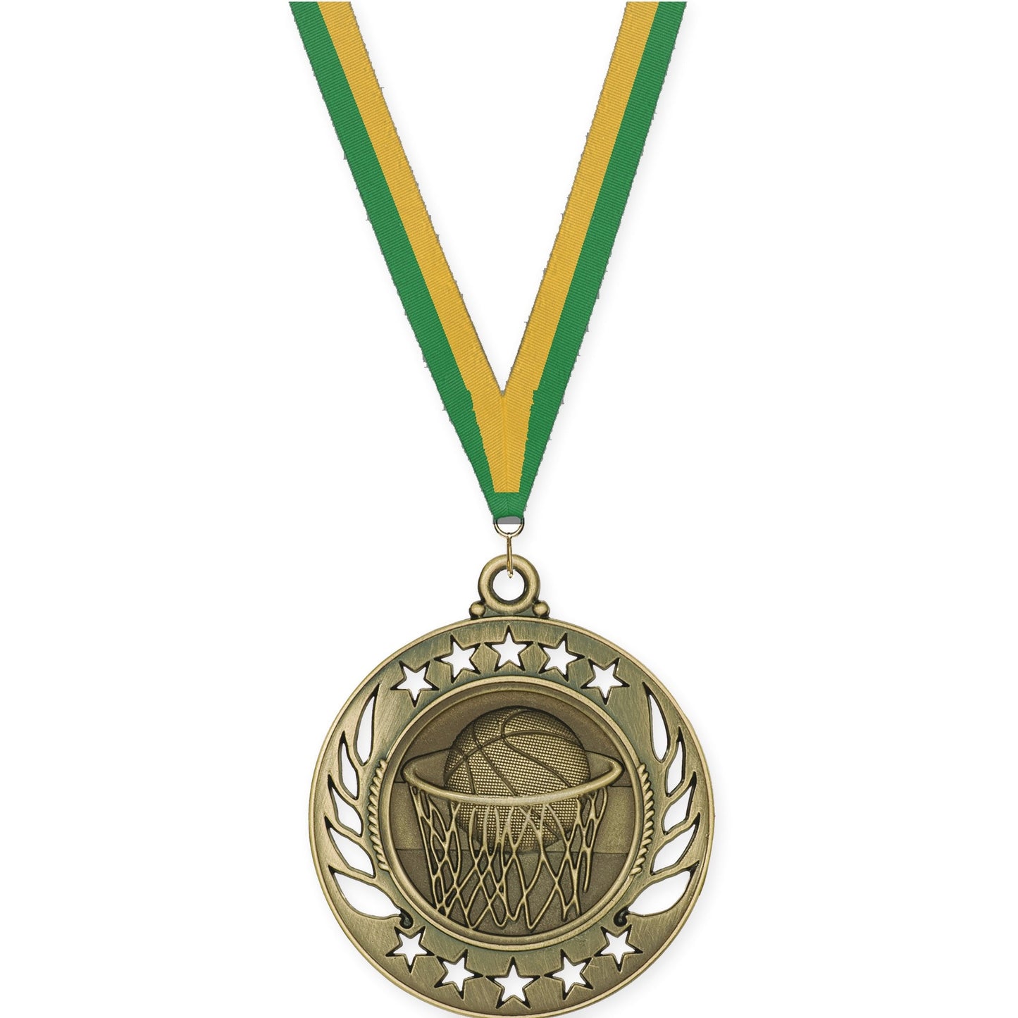 2 1/4 inch basketball Galaxy medal in antique gold with Green Gold neck ribbon