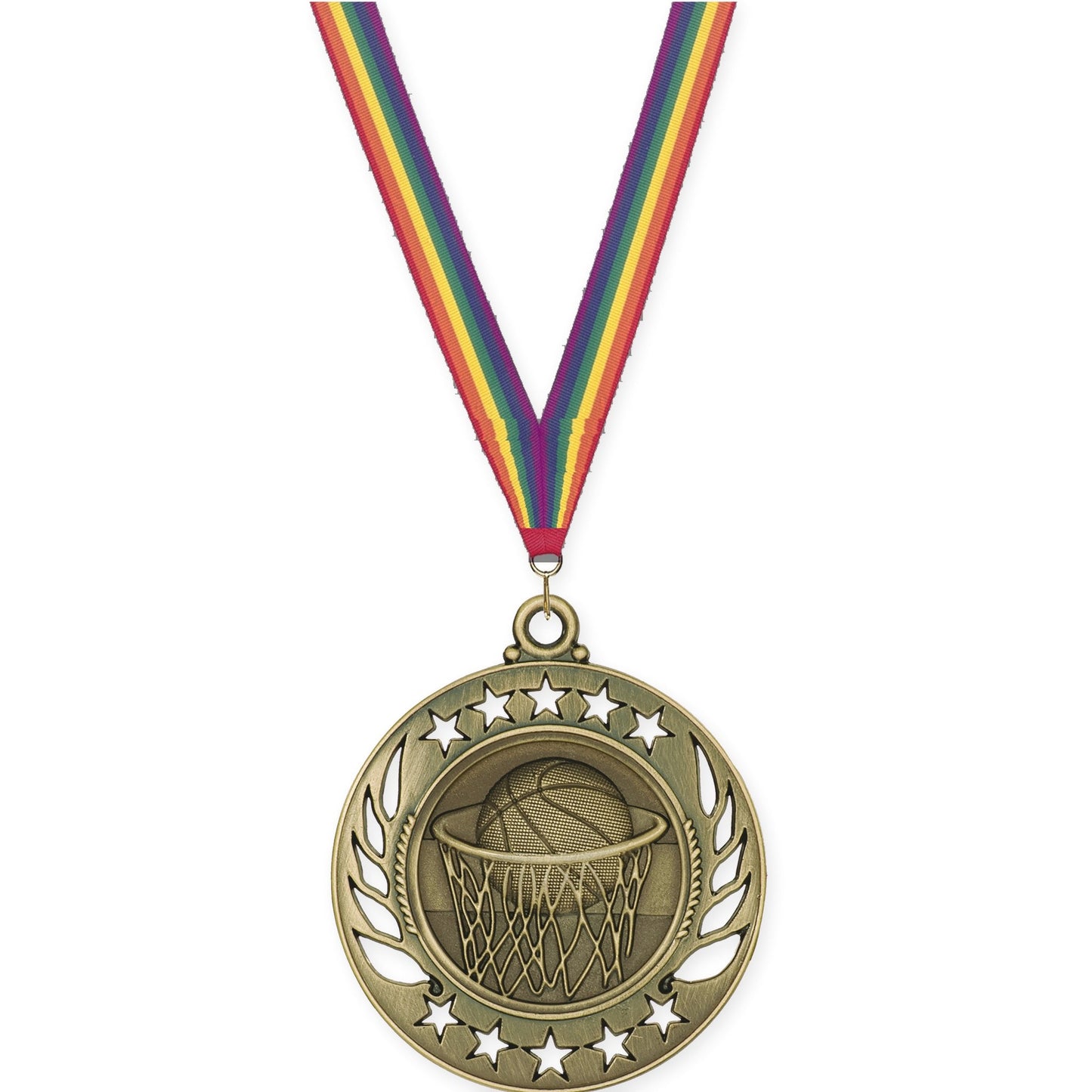 2 1/4 inch basketball Galaxy medal in antique gold with Rainbow neck ribbon