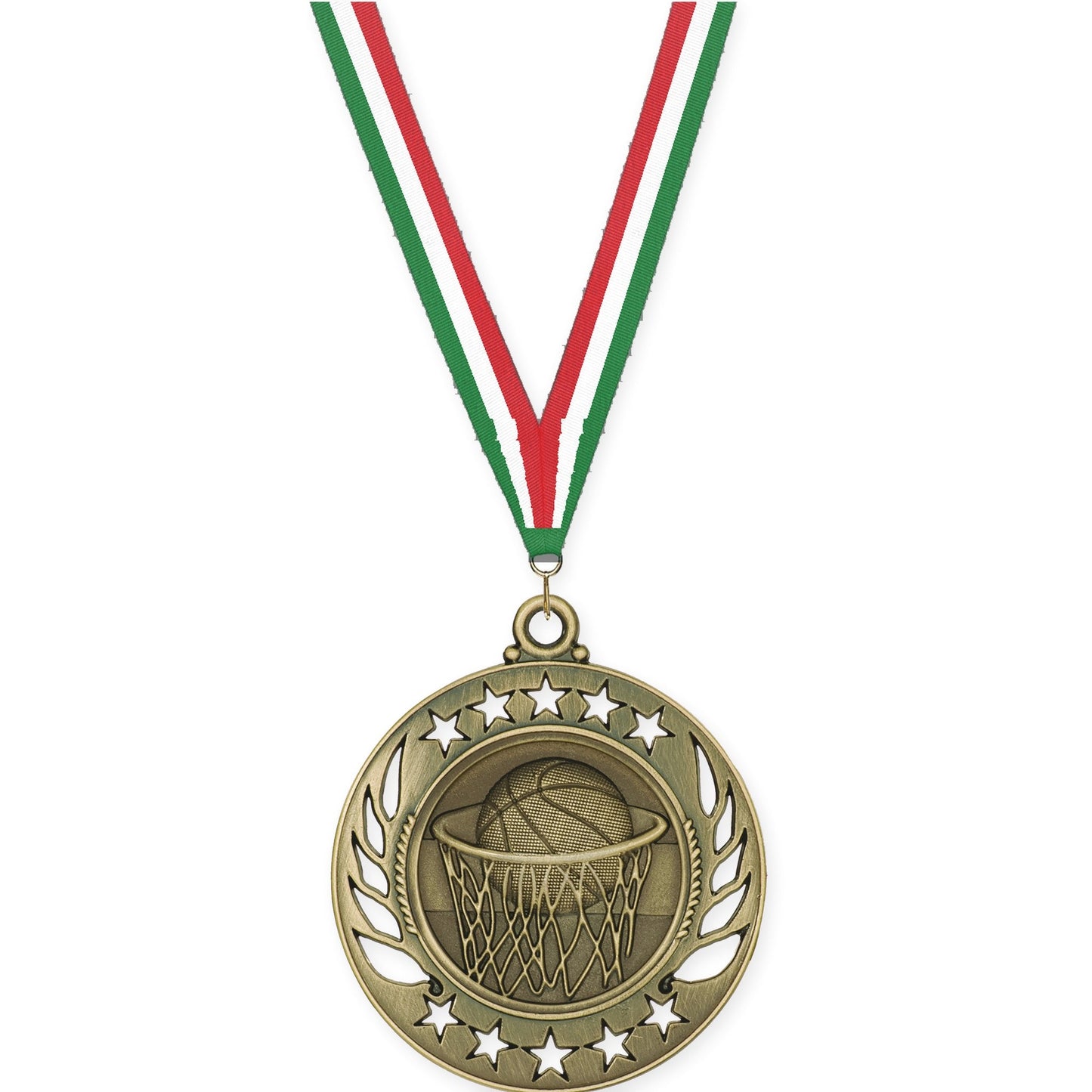 2 1/4 inch basketball Galaxy medal in antique gold with Green White Red neck ribbon