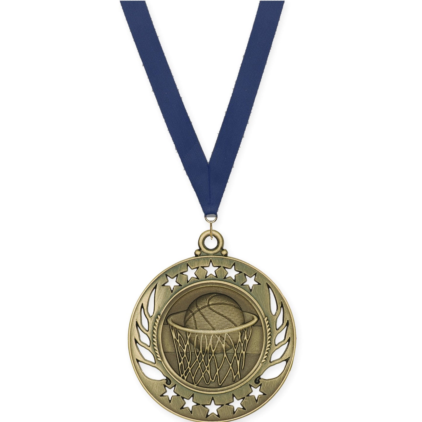 2 1/4 inch basketball Galaxy medal in antique gold with Navy neck ribbon