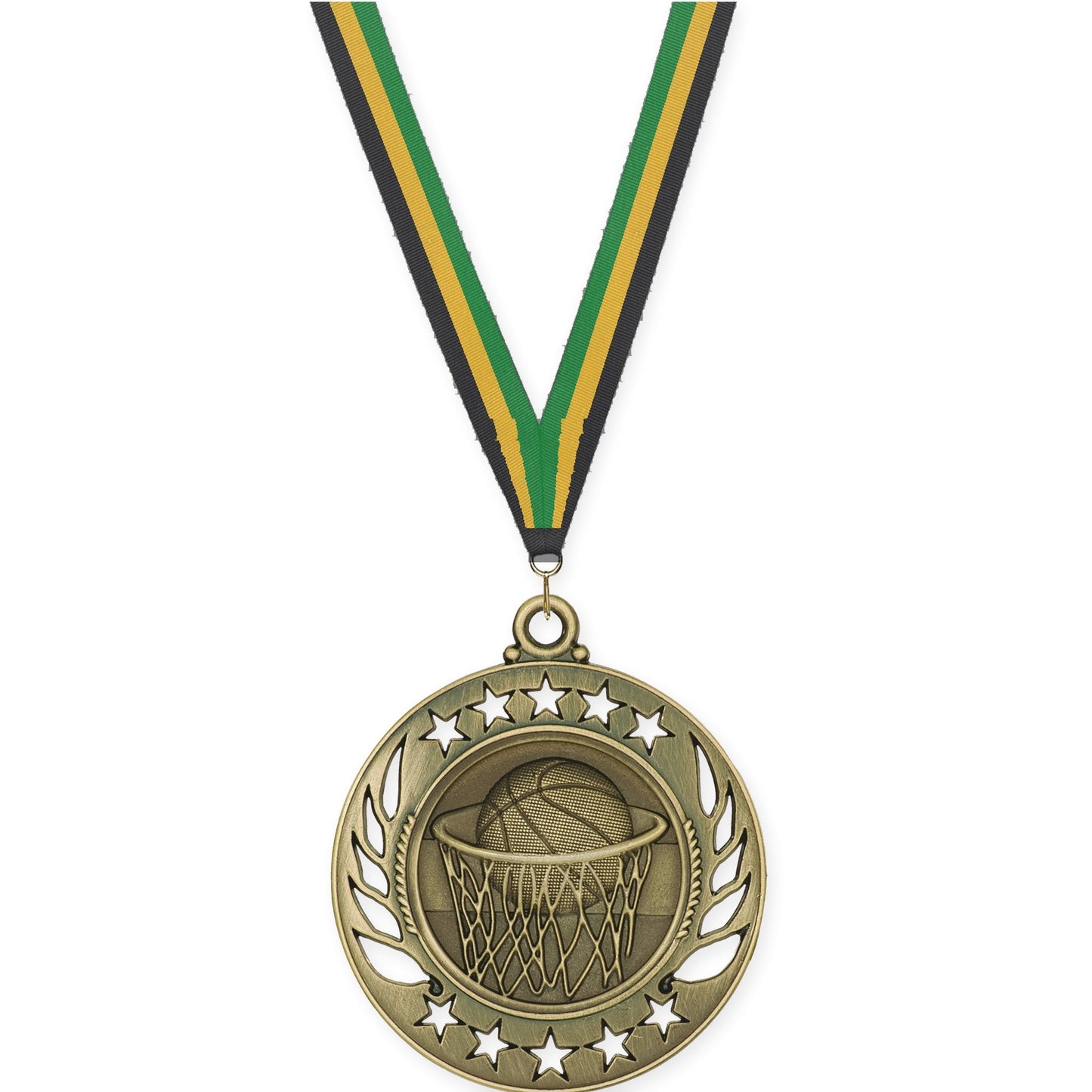 2 1/4 inch basketball Galaxy medal in antique gold with Black Gold Green neck ribbon