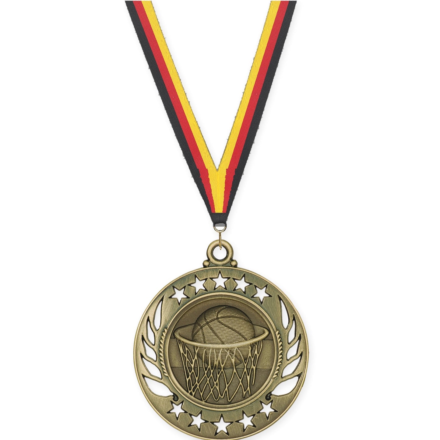 2 1/4 inch basketball Galaxy medal in antique gold with Black Red Yellow neck ribbon