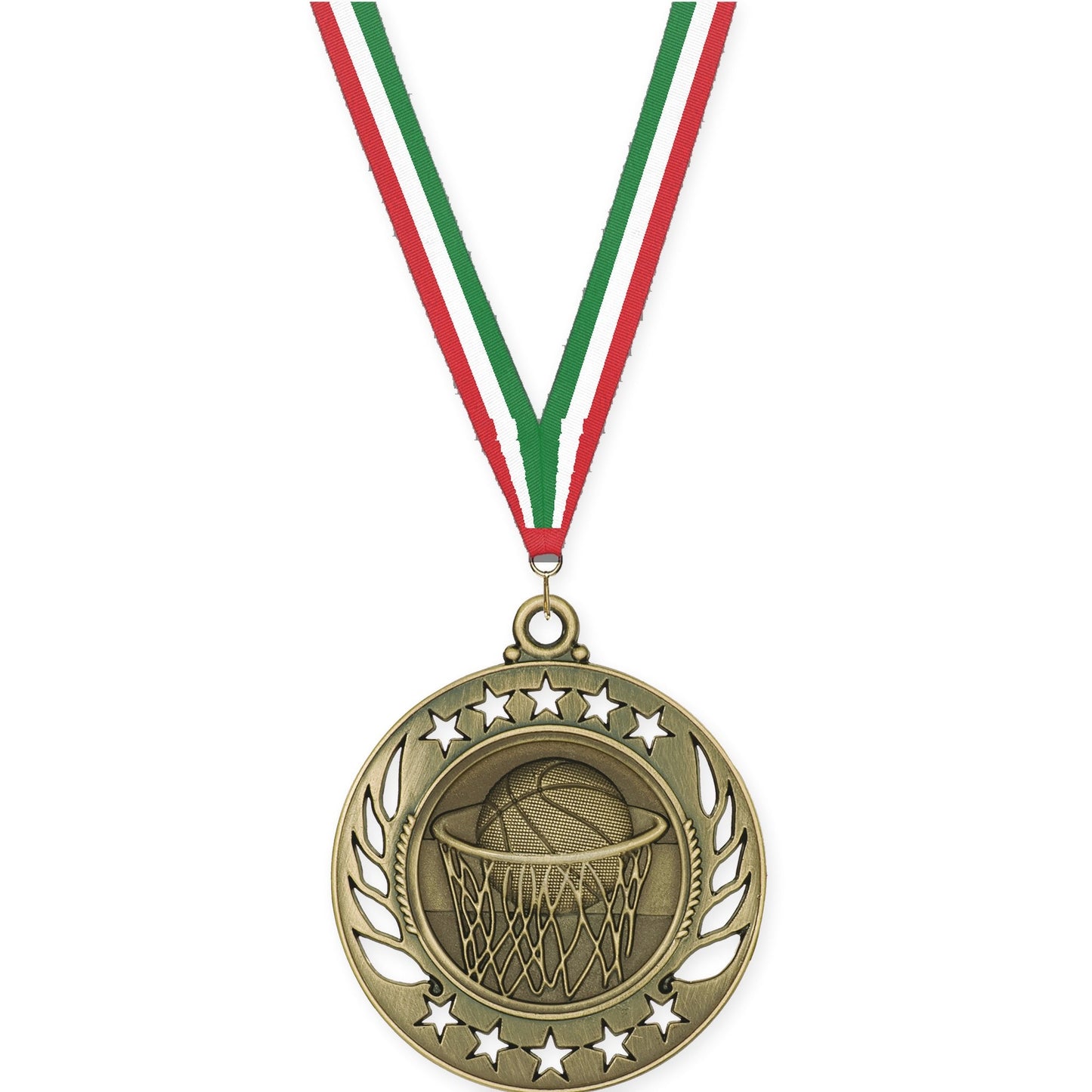 2 1/4 inch basketball Galaxy medal in antique gold with Red White Green neck ribbon