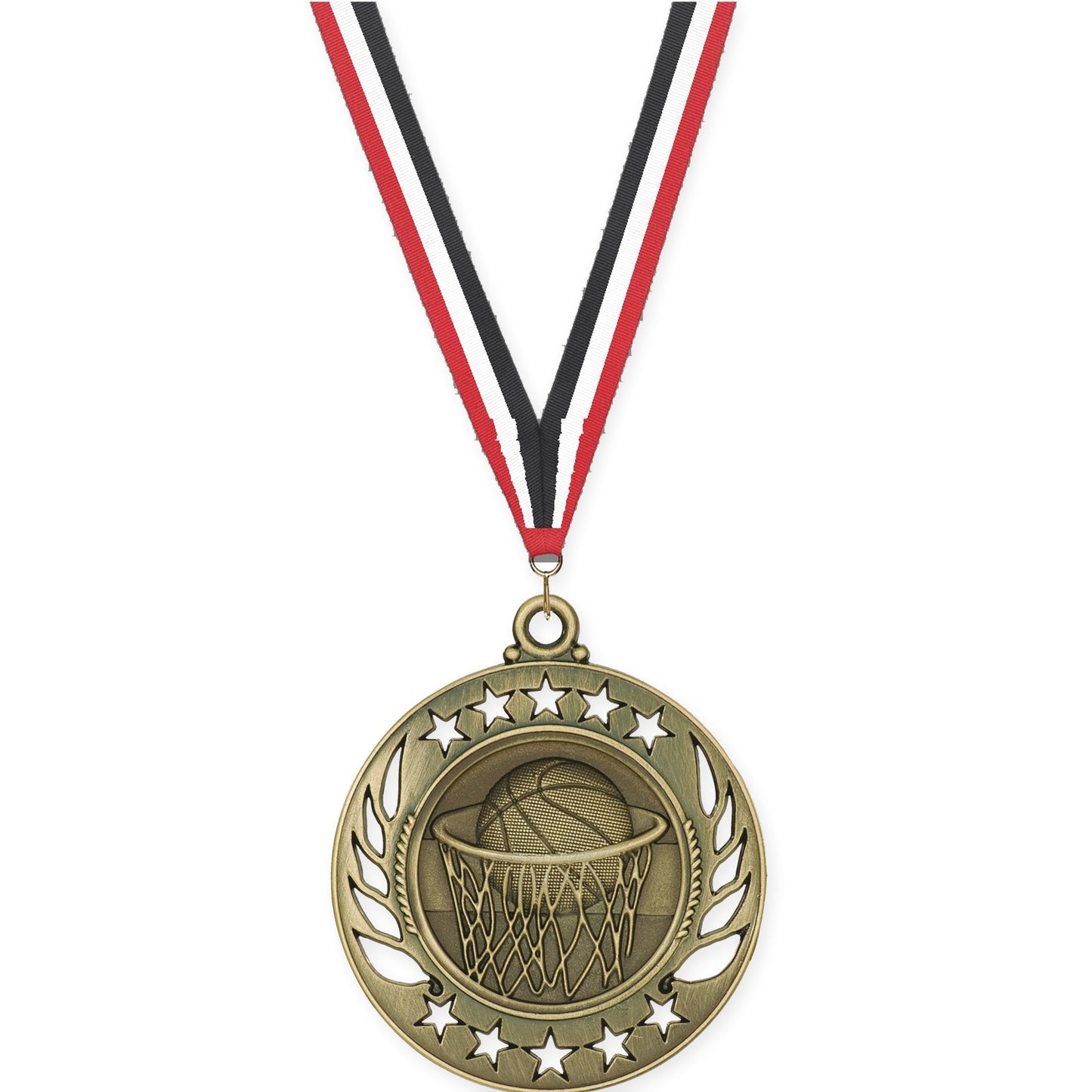 2 1/4 inch basketball Galaxy medal in antique gold with Red White Black neck ribbon