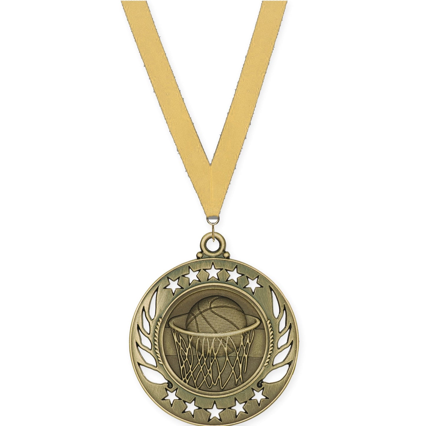 2 1/4 inch basketball Galaxy medal in antique gold with Gold Metallic neck ribbon