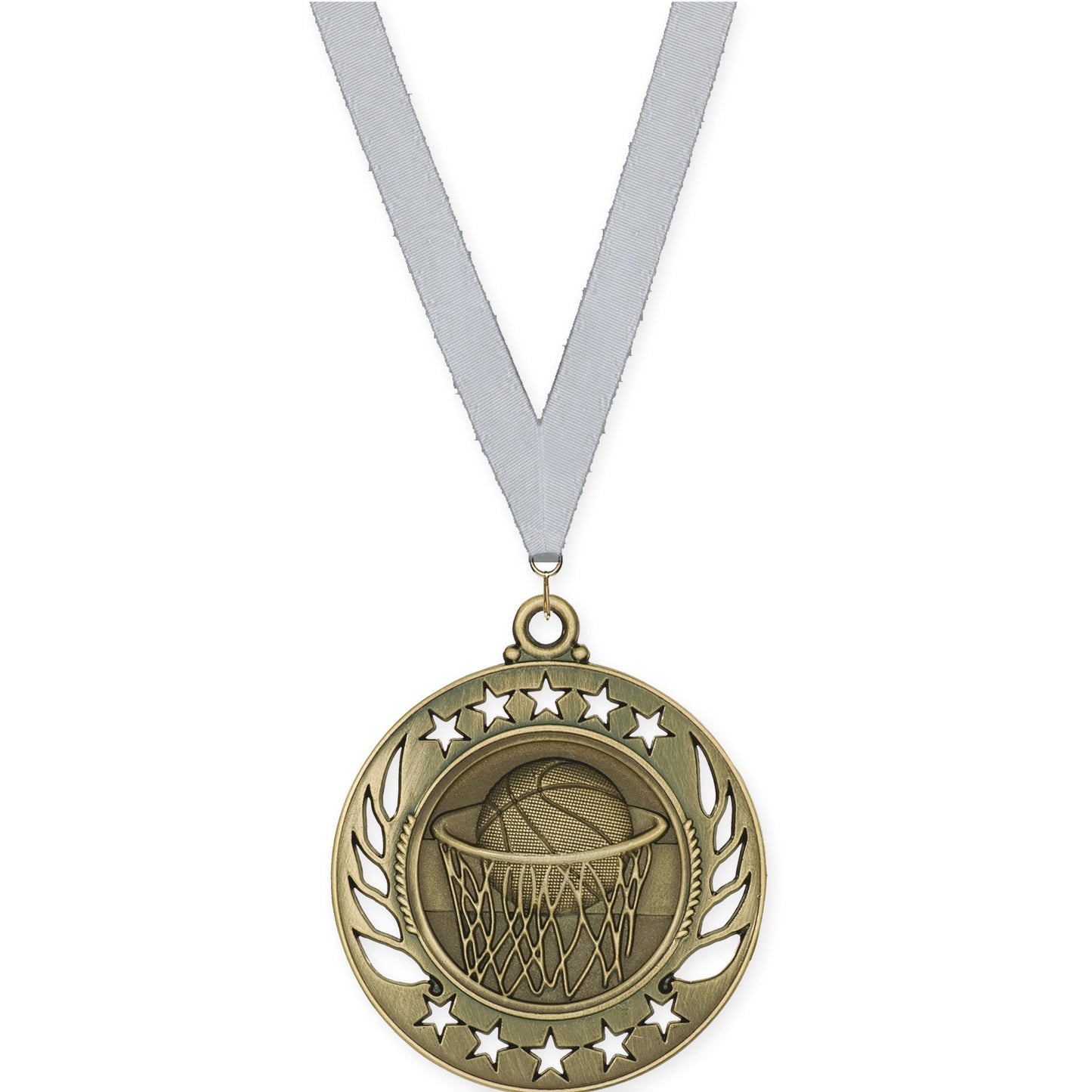 2 1/4 inch basketball Galaxy medal in antique gold with Silver Metallic neck ribbon