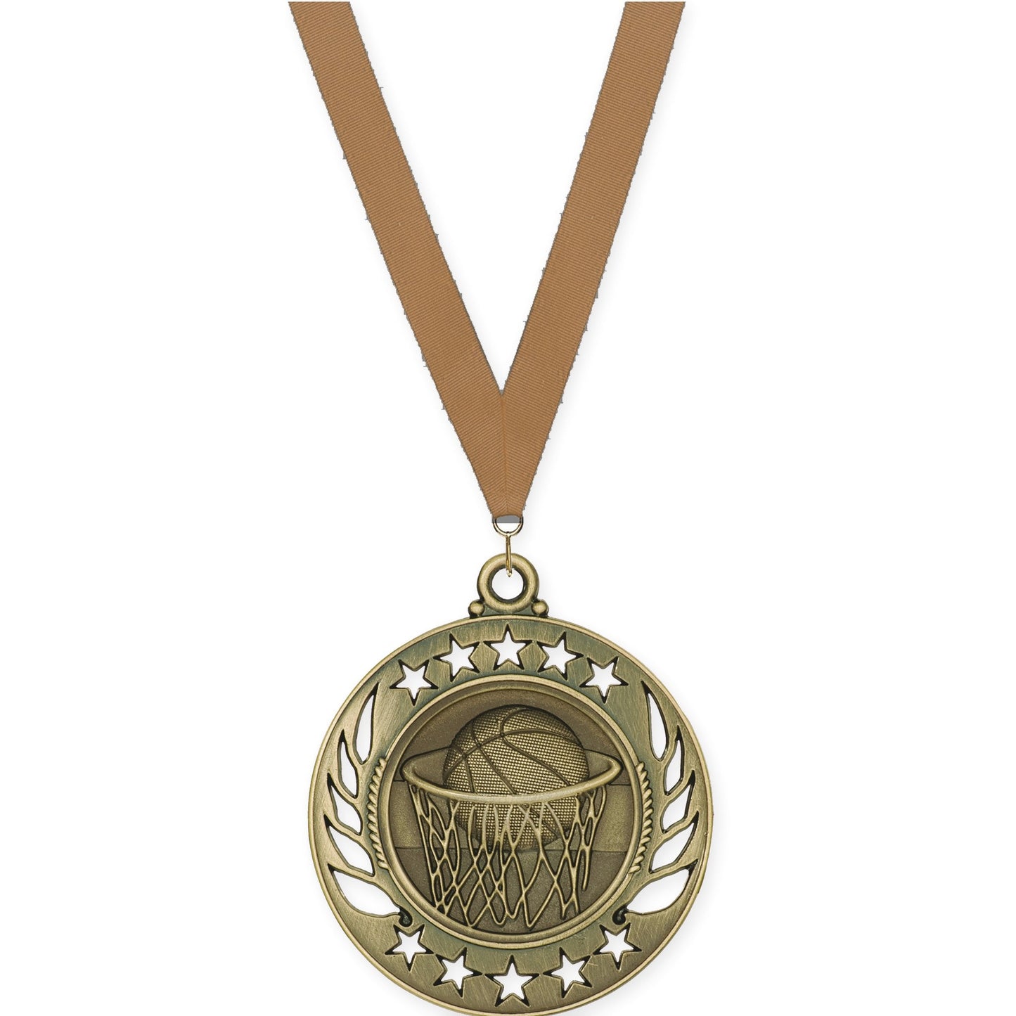 2 1/4 inch basketball Galaxy medal in antique gold with Bronze Metallic neck ribbon