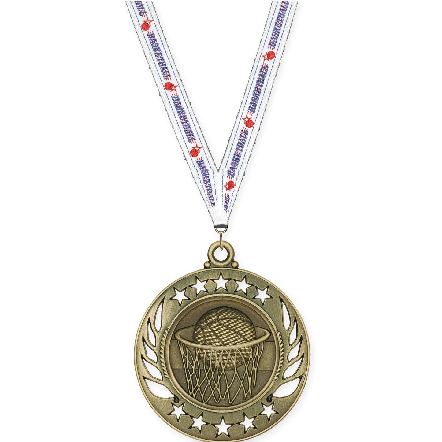 2 1/4 inch basketball Galaxy medal in antique gold with Basketball neck ribbon