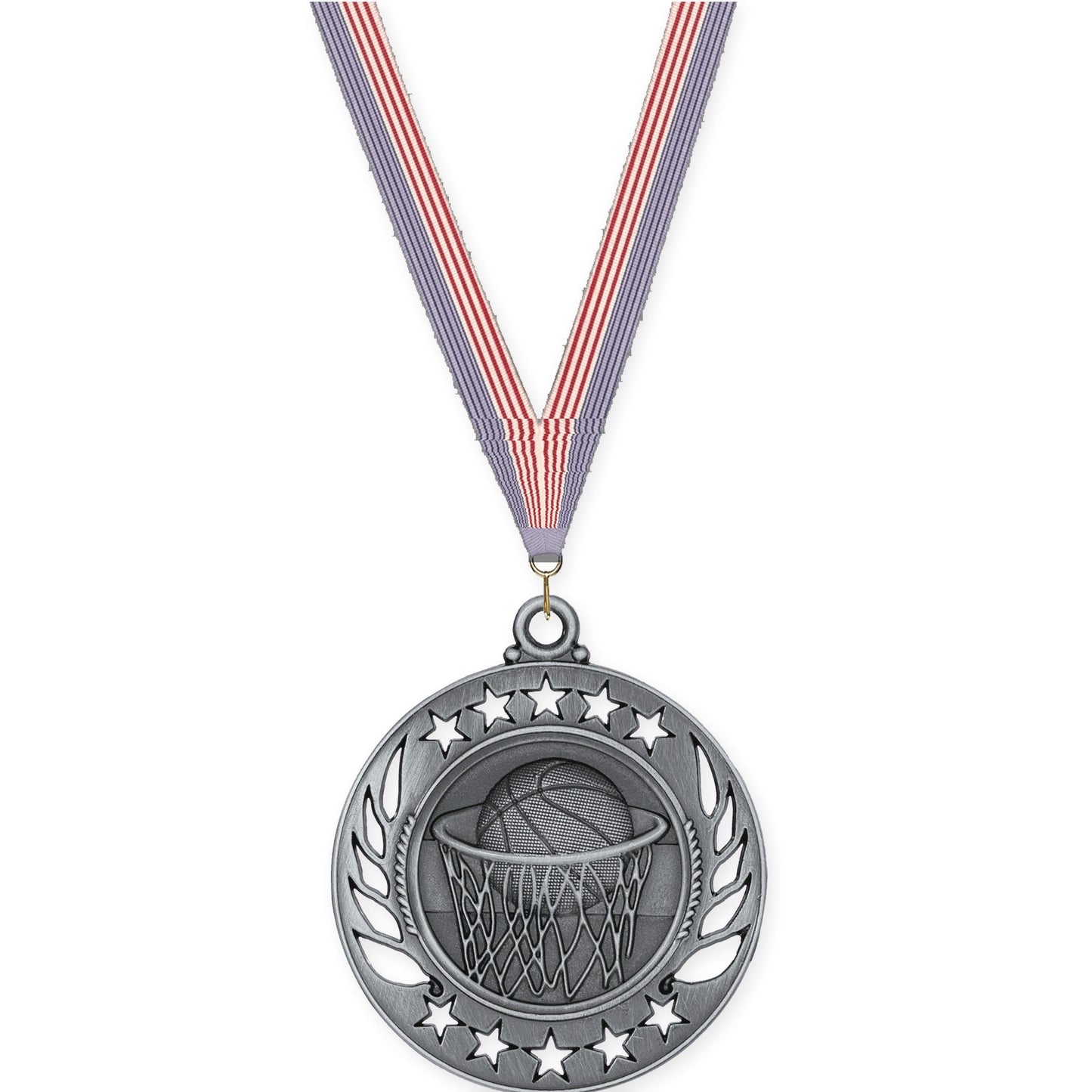 2 1/4 inch basketball Galaxy medal in antique silver with USA Flag neck ribbon