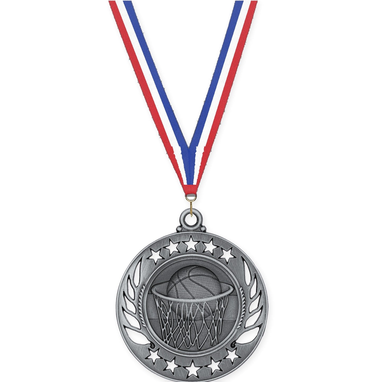 2 1/4 inch basketball Galaxy medal in antique silver with Red White Blue neck ribbon