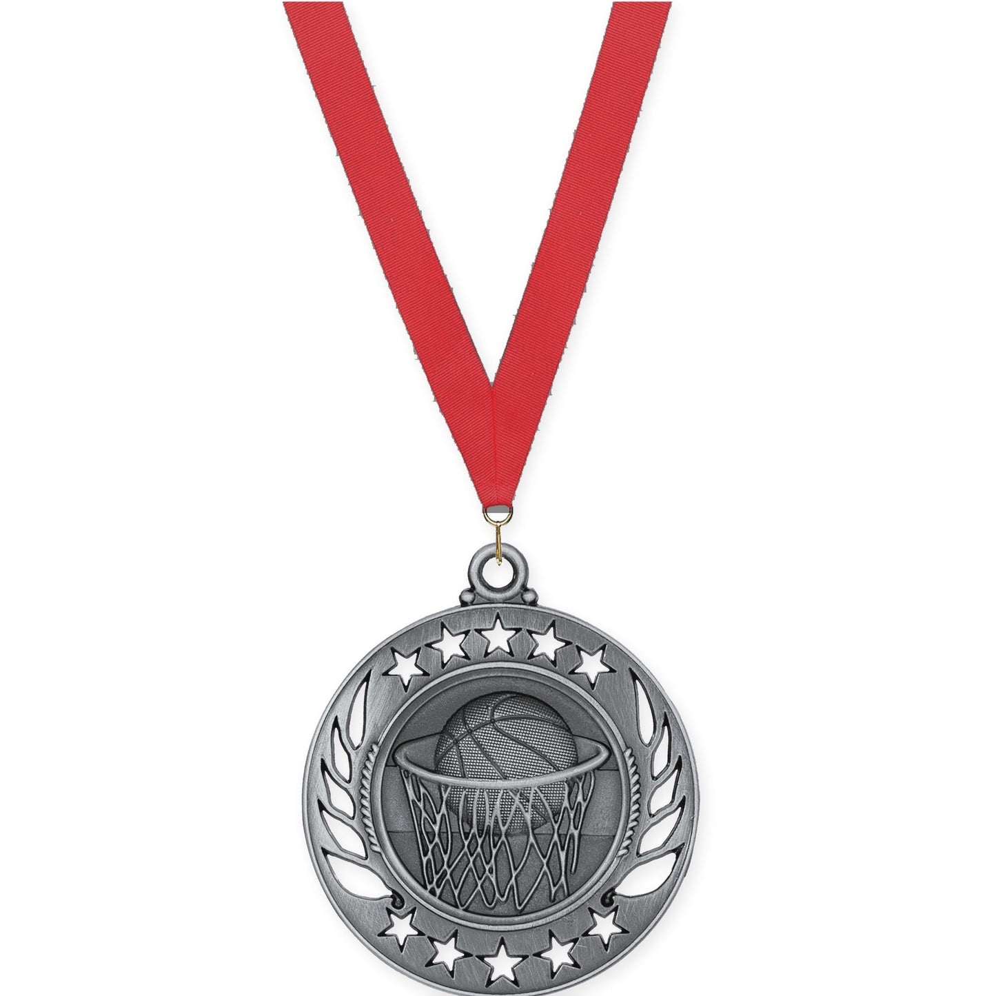 2 1/4 inch basketball Galaxy medal in antique silver with Red neck ribbon