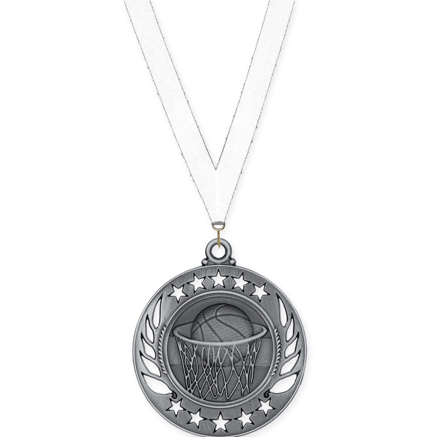 2 1/4 inch basketball Galaxy medal in antique silver with White neck ribbon