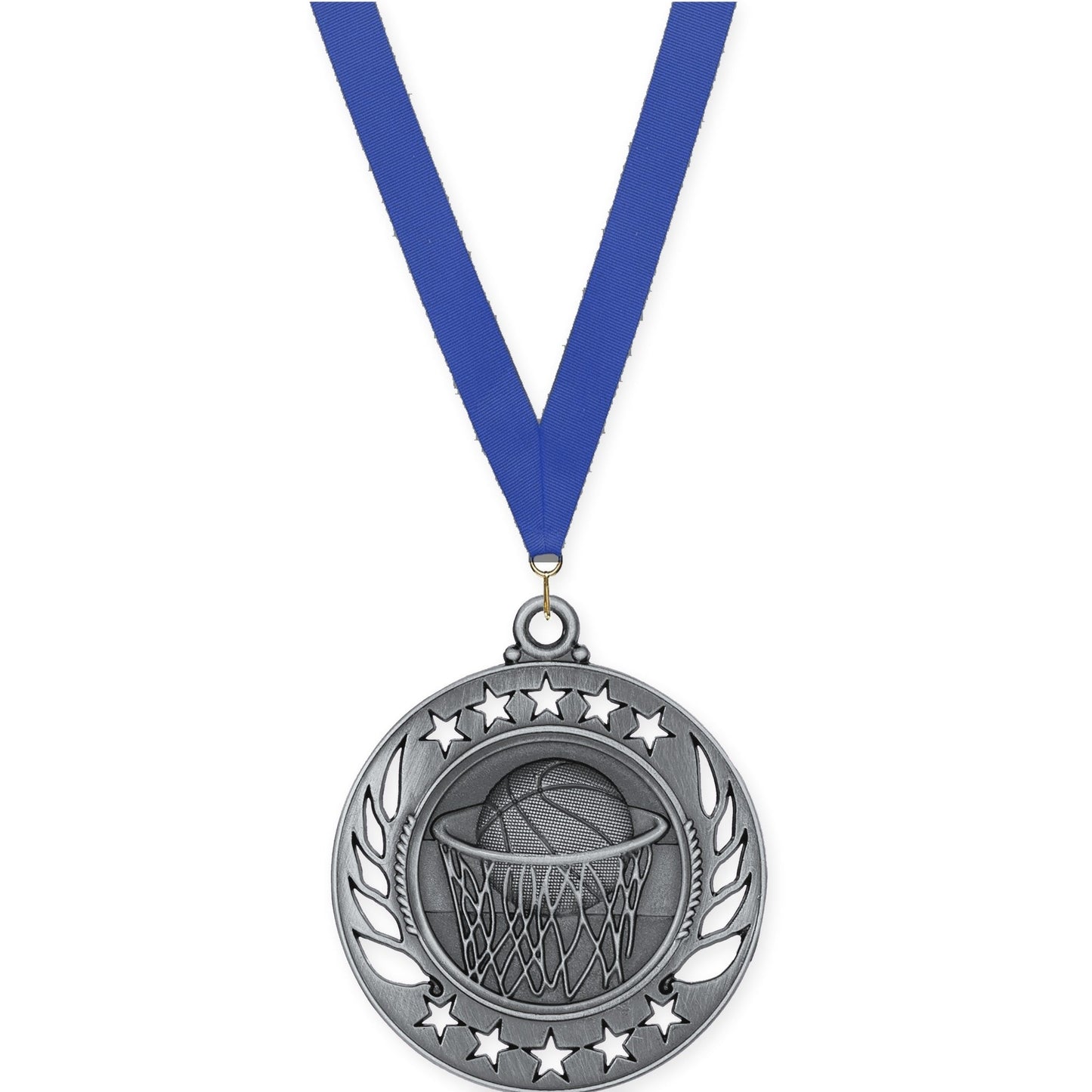2 1/4 inch basketball Galaxy medal in antique silver with Blue neck ribbon