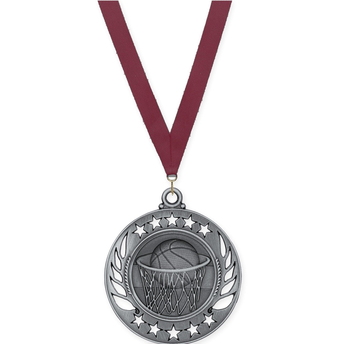 2 1/4 inch basketball Galaxy medal in antique silver with Maroon neck ribbon