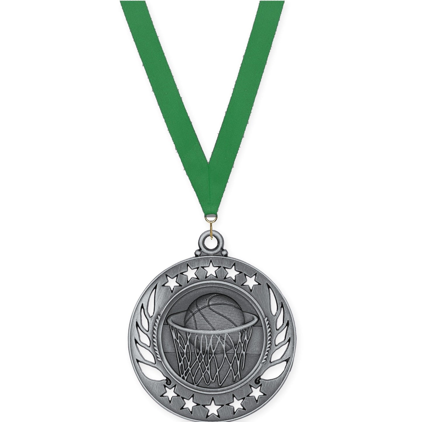 2 1/4 inch basketball Galaxy medal in antique silver with Green neck ribbon