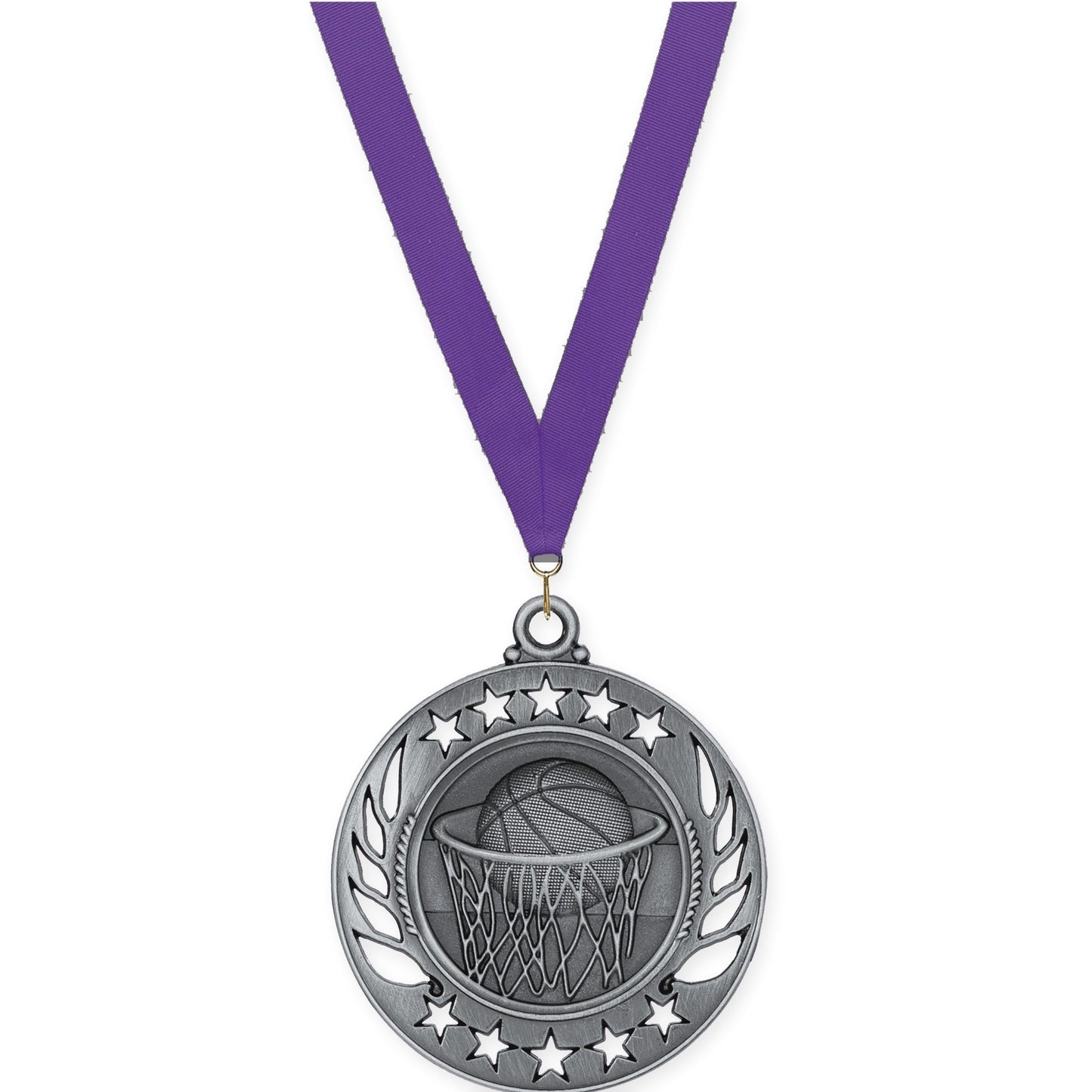 2 1/4 inch basketball Galaxy medal in antique silver with Purple neck ribbon