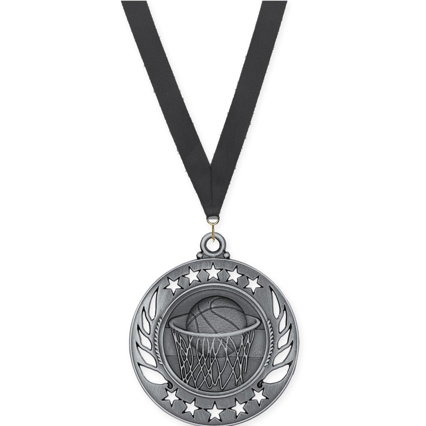 2 1/4 inch basketball Galaxy medal in antique silver with Black neck ribbon
