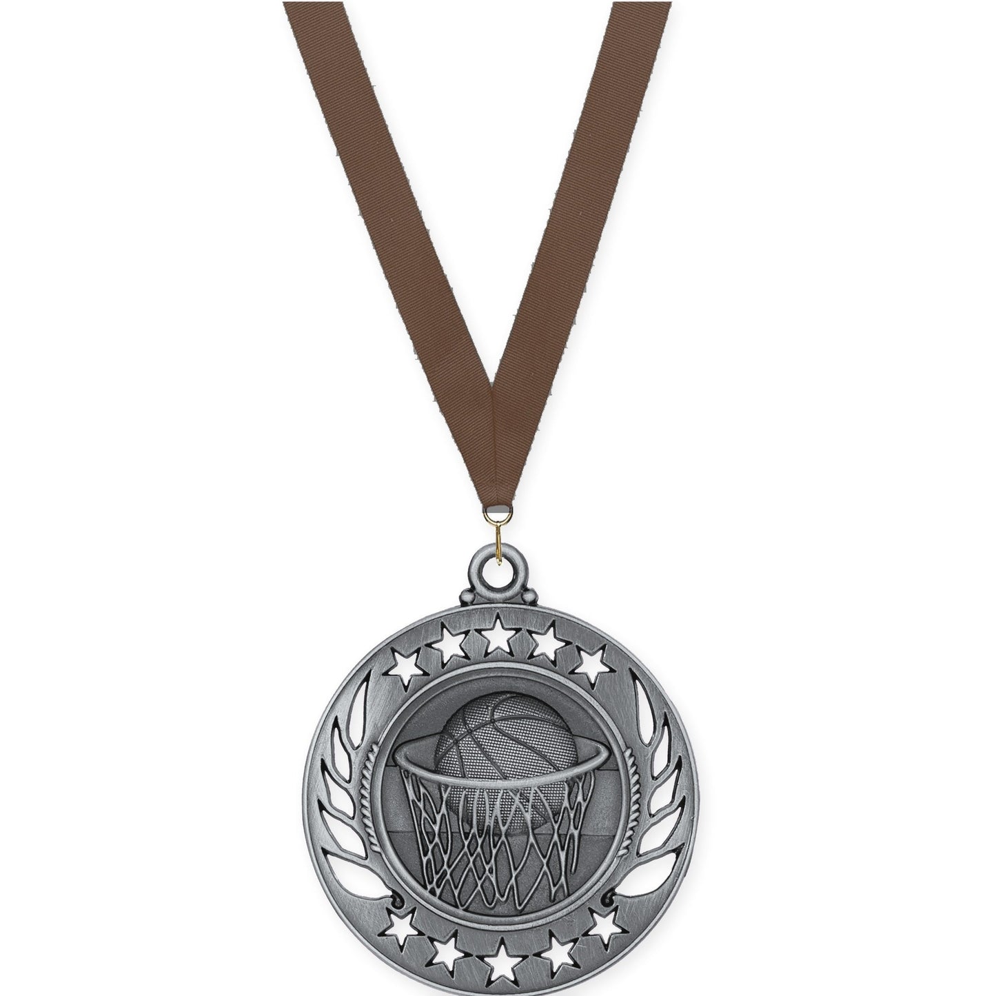 2 1/4 inch basketball Galaxy medal in antique silver with Brown neck ribbon