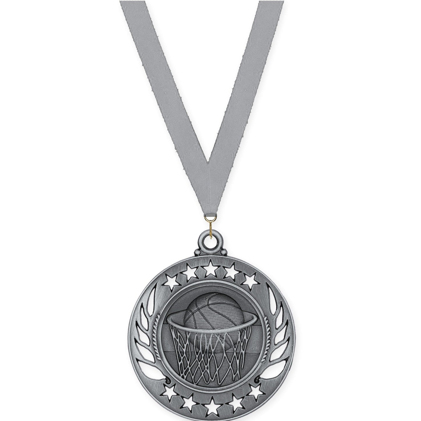 2 1/4 inch basketball Galaxy medal in antique silver with Gray neck ribbon
