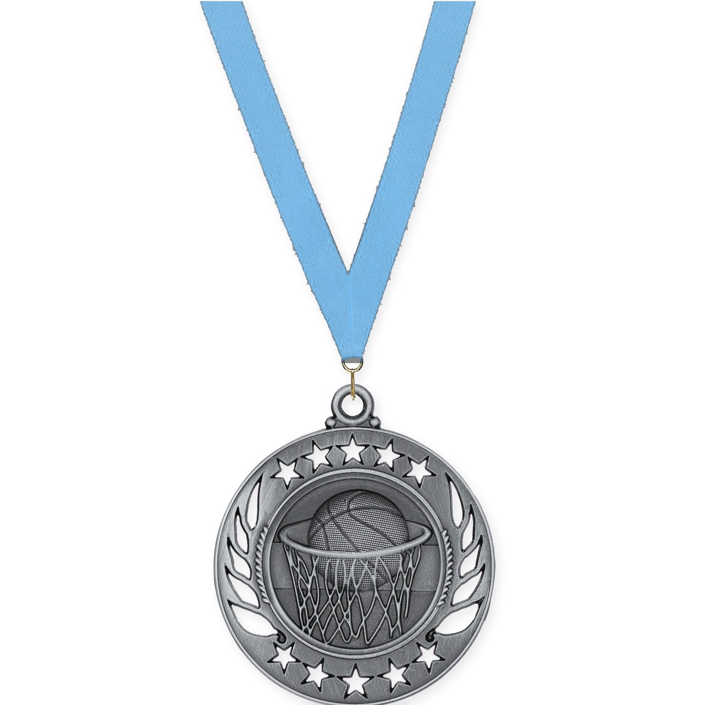 2 1/4 inch basketball Galaxy medal in antique silver with Light Blue neck ribbon