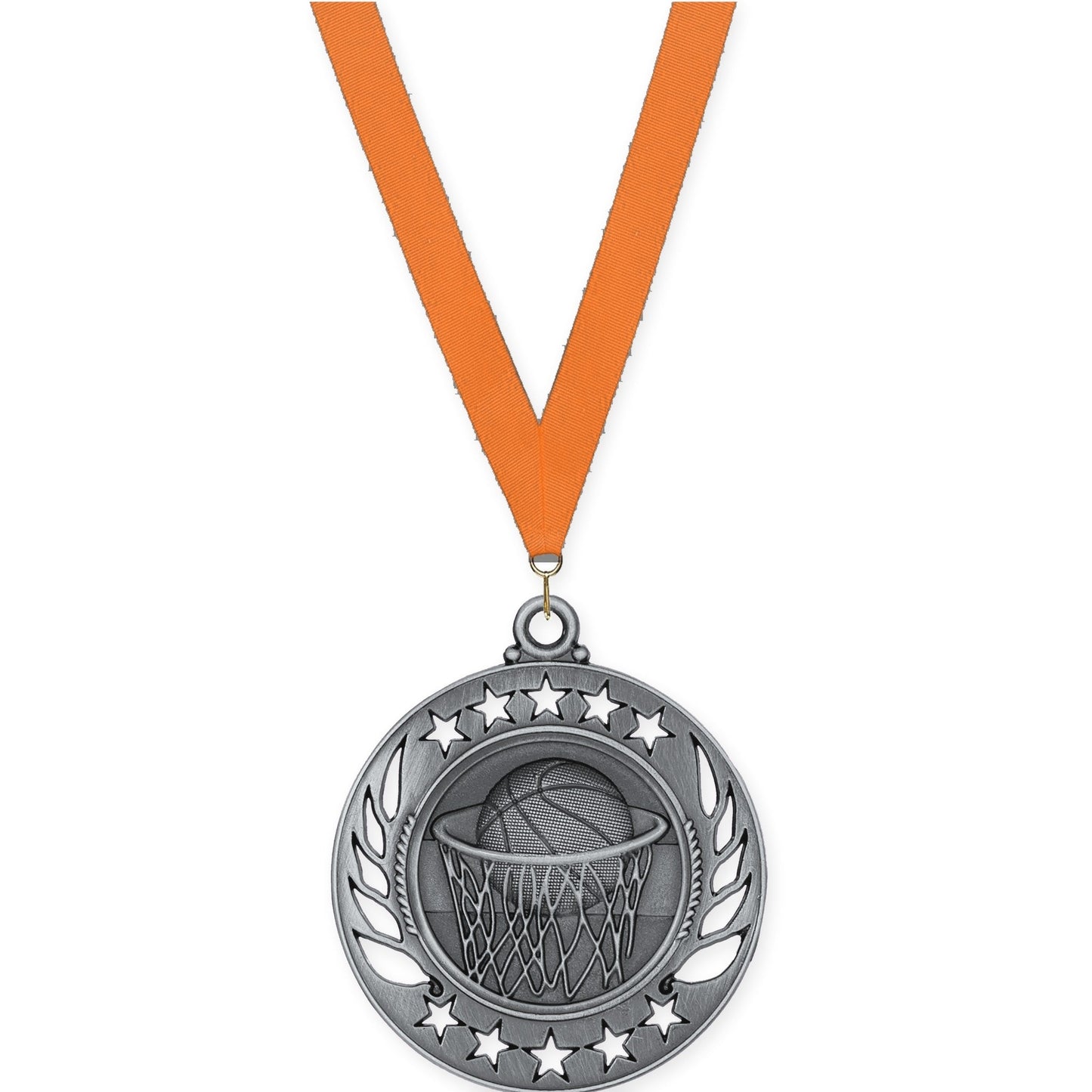 2 1/4 inch basketball Galaxy medal in antique silver with Orange neck ribbon