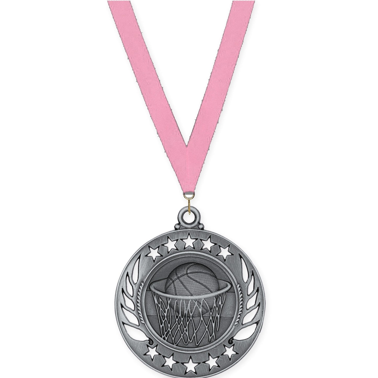 2 1/4 inch basketball Galaxy medal in antique silver with Pink neck ribbon
