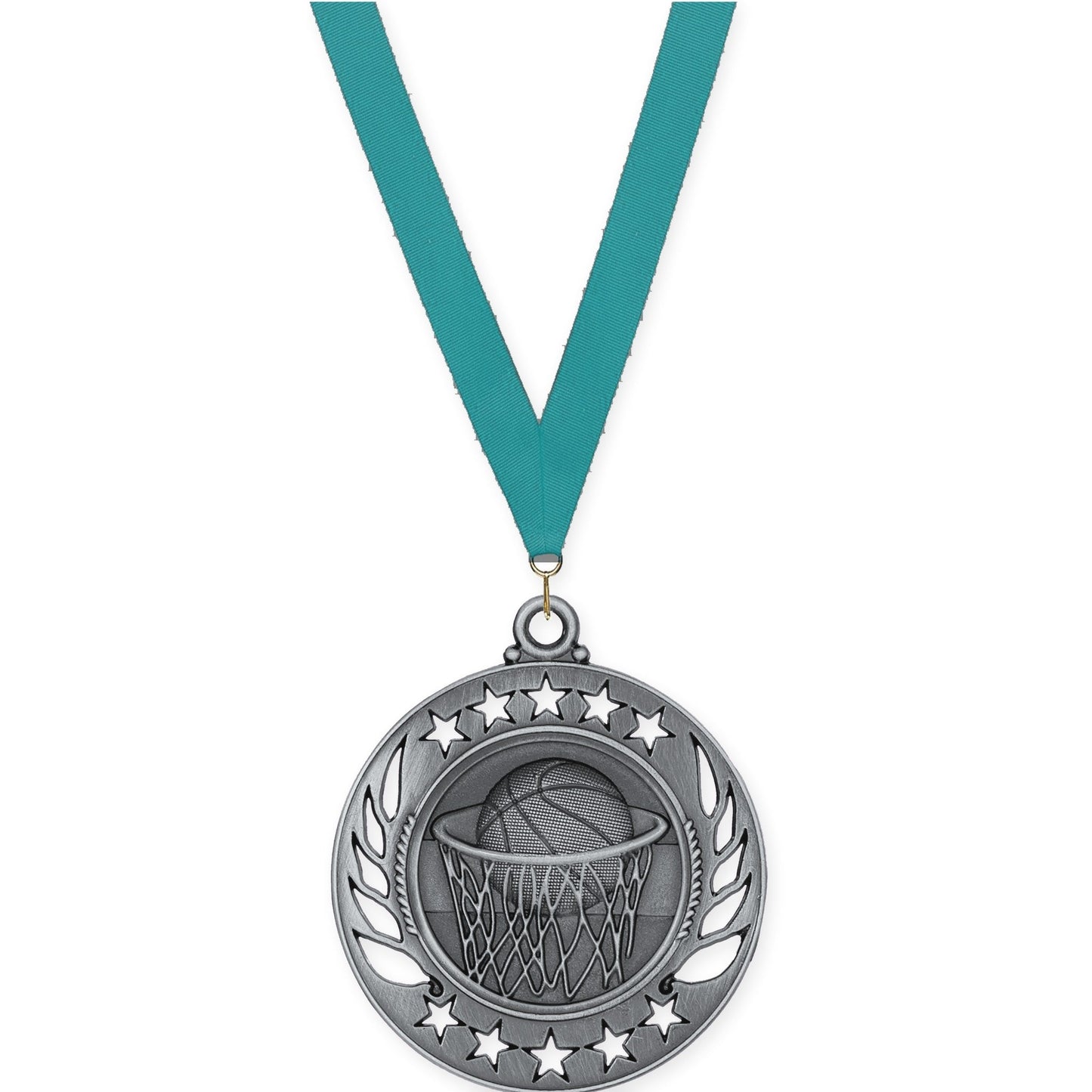 2 1/4 inch basketball Galaxy medal in antique silver with Teal neck ribbon