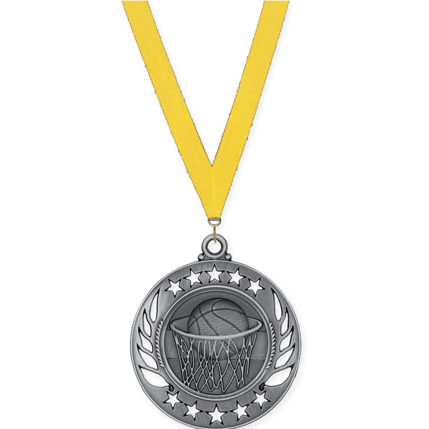 2 1/4 inch basketball Galaxy medal in antique silver with Yellow neck ribbon