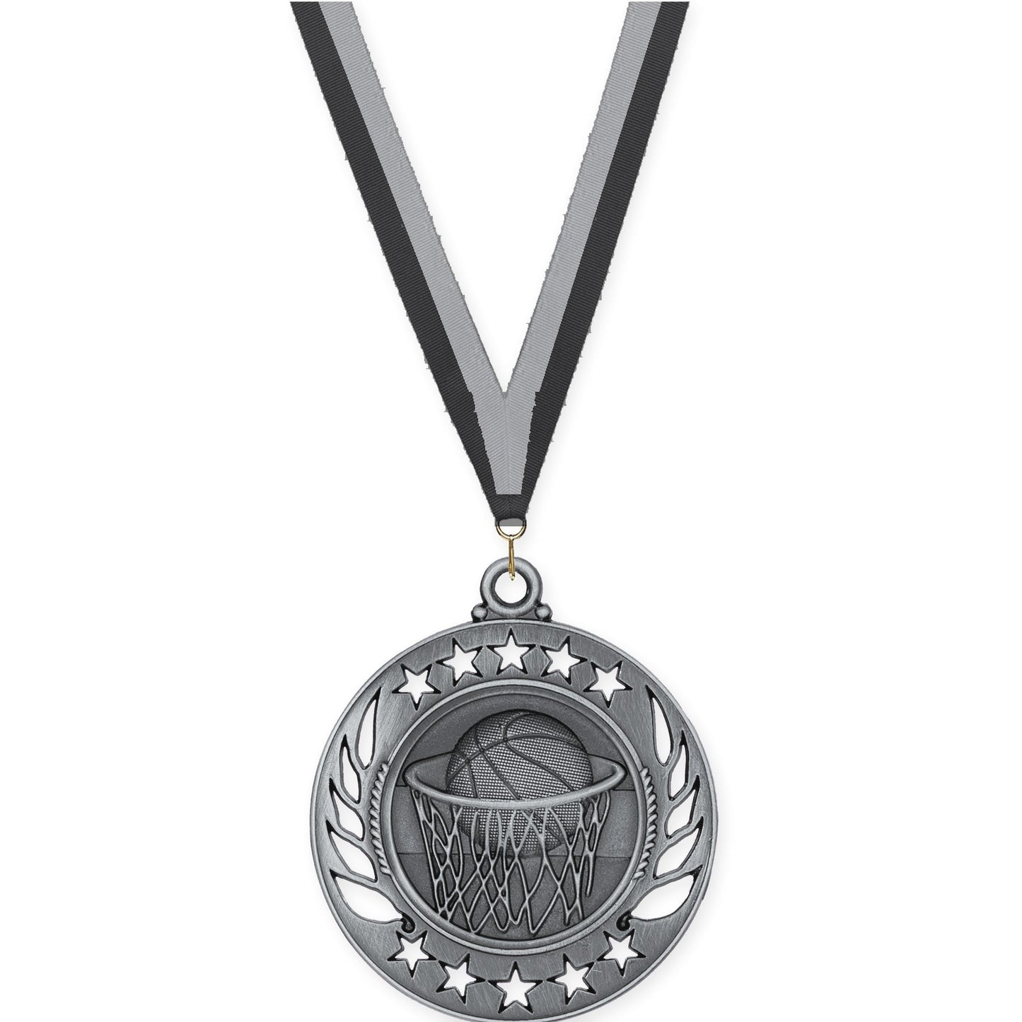 2 1/4 inch basketball Galaxy medal in antique silver with Black Gray neck ribbon