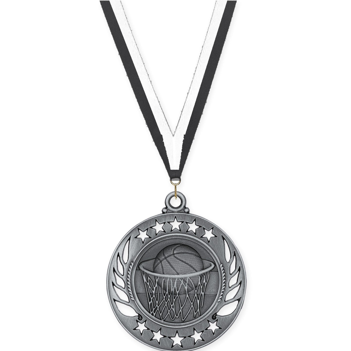 2 1/4 inch basketball Galaxy medal in antique silver with Black White neck ribbon