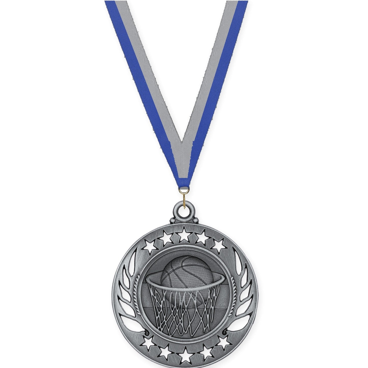 2 1/4 inch basketball Galaxy medal in antique silver with Blue Gray neck ribbon