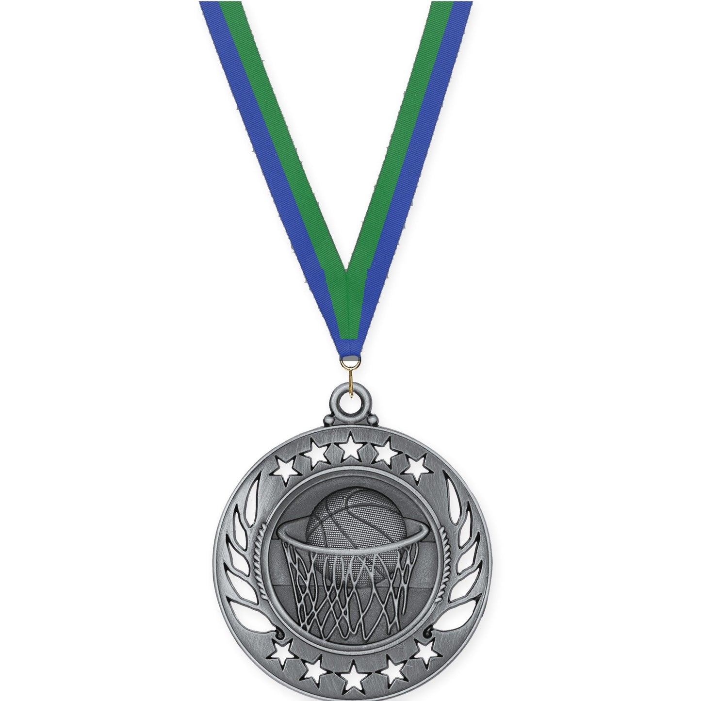 2 1/4 inch basketball Galaxy medal in antique silver with Blue Green neck ribbon