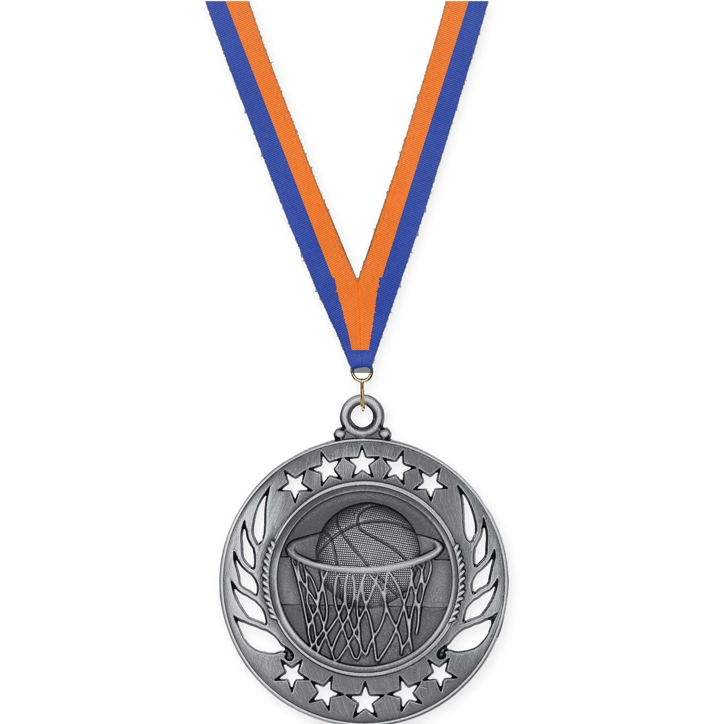 2 1/4 inch basketball Galaxy medal in antique silver with Blue Orange neck ribbon