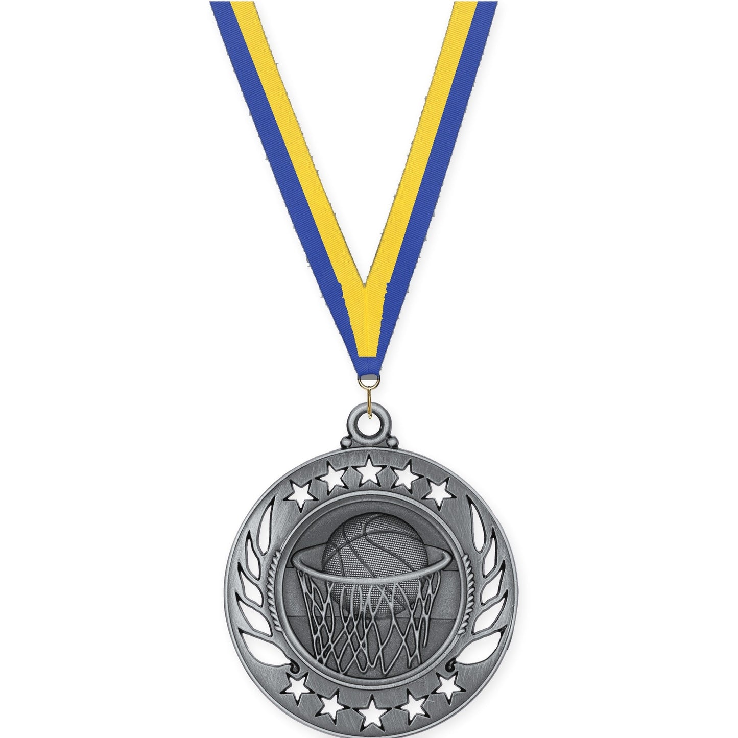 2 1/4 inch basketball Galaxy medal in antique silver with Blue Yellow neck ribbon