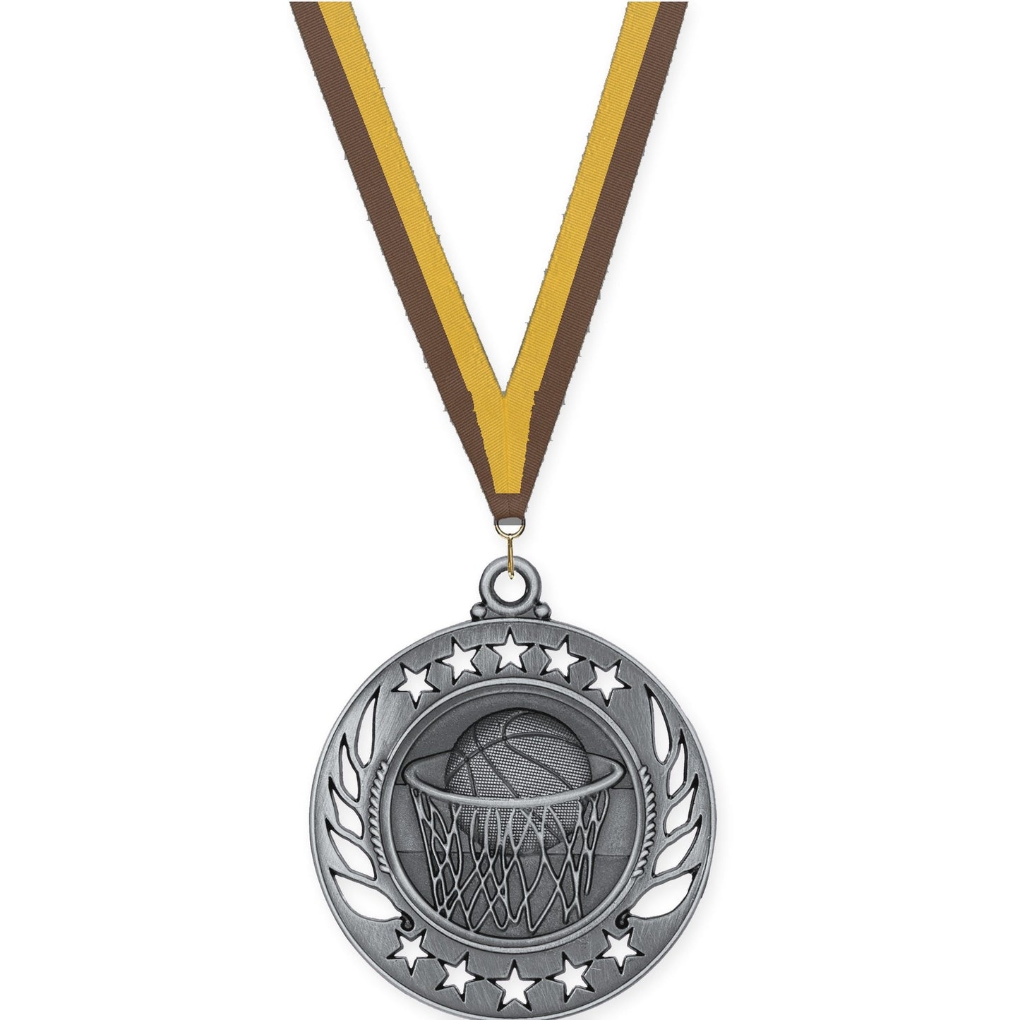 2 1/4 inch basketball Galaxy medal in antique silver with Brown Gold neck ribbon