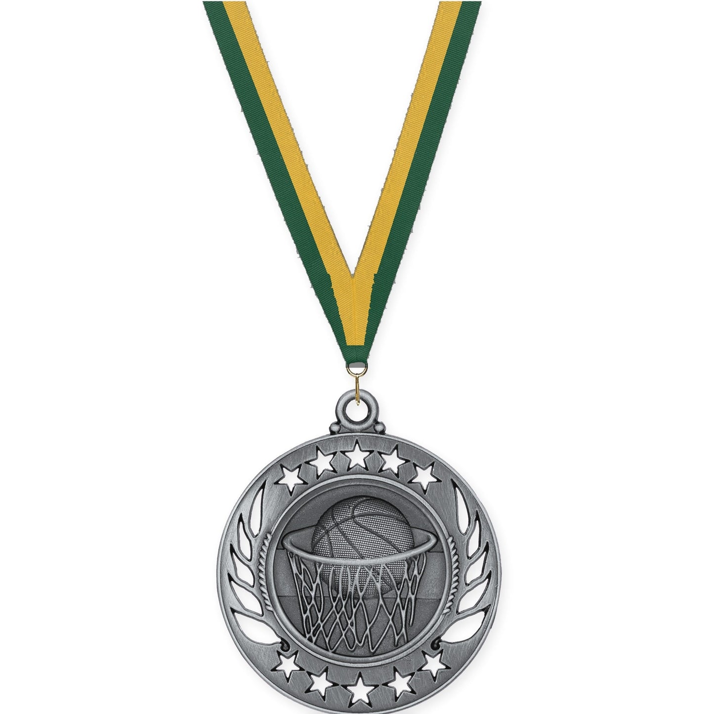 2 1/4 inch basketball Galaxy medal in antique silver with Hunter Green Gold neck ribbon