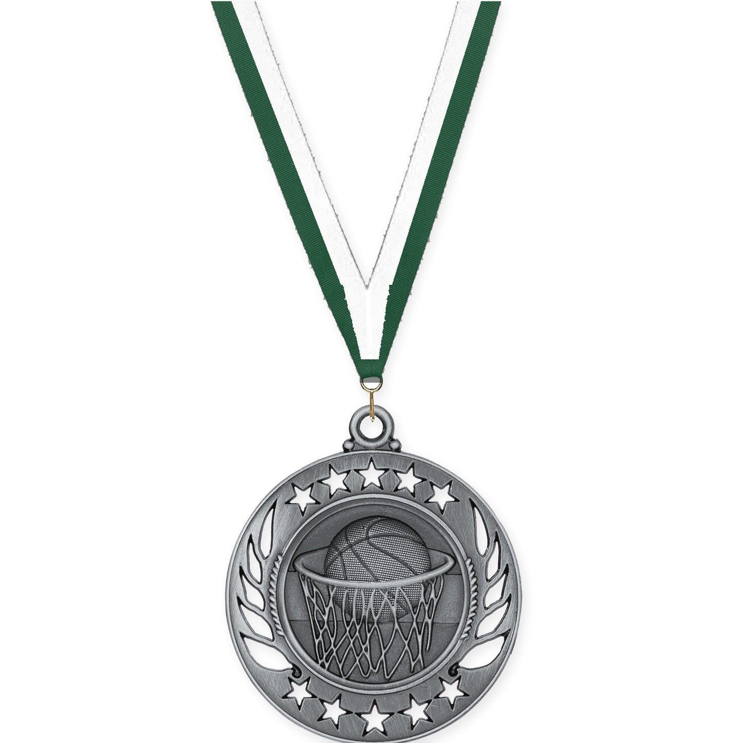 2 1/4 inch basketball Galaxy medal in antique silver with Hunter Green White neck ribbon