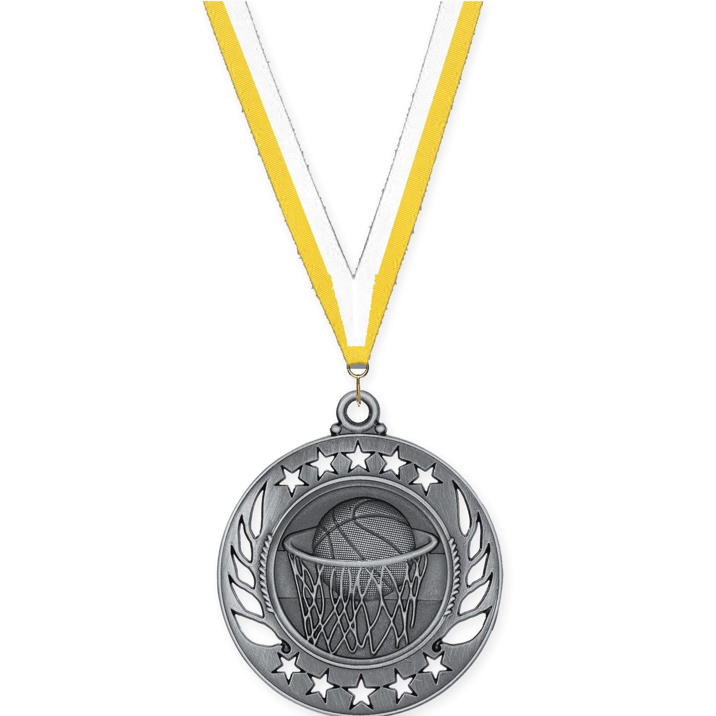 2 1/4 inch basketball Galaxy medal in antique silver with Yellow White neck ribbon