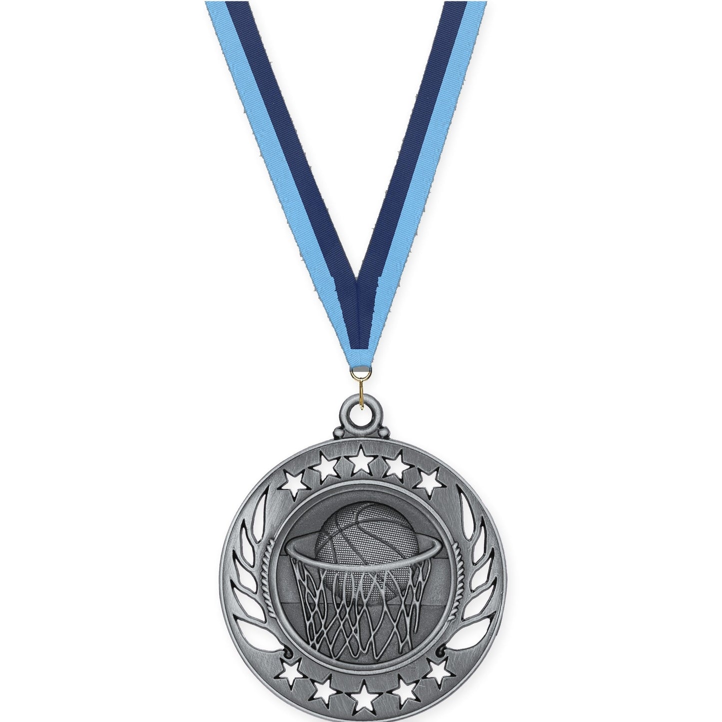 2 1/4 inch basketball Galaxy medal in antique silver with Light Blue Navy neck ribbon