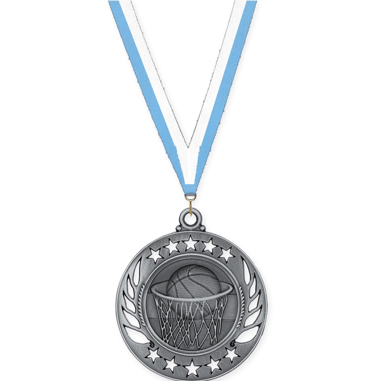 2 1/4 inch basketball Galaxy medal in antique silver with Light Blue White neck ribbon