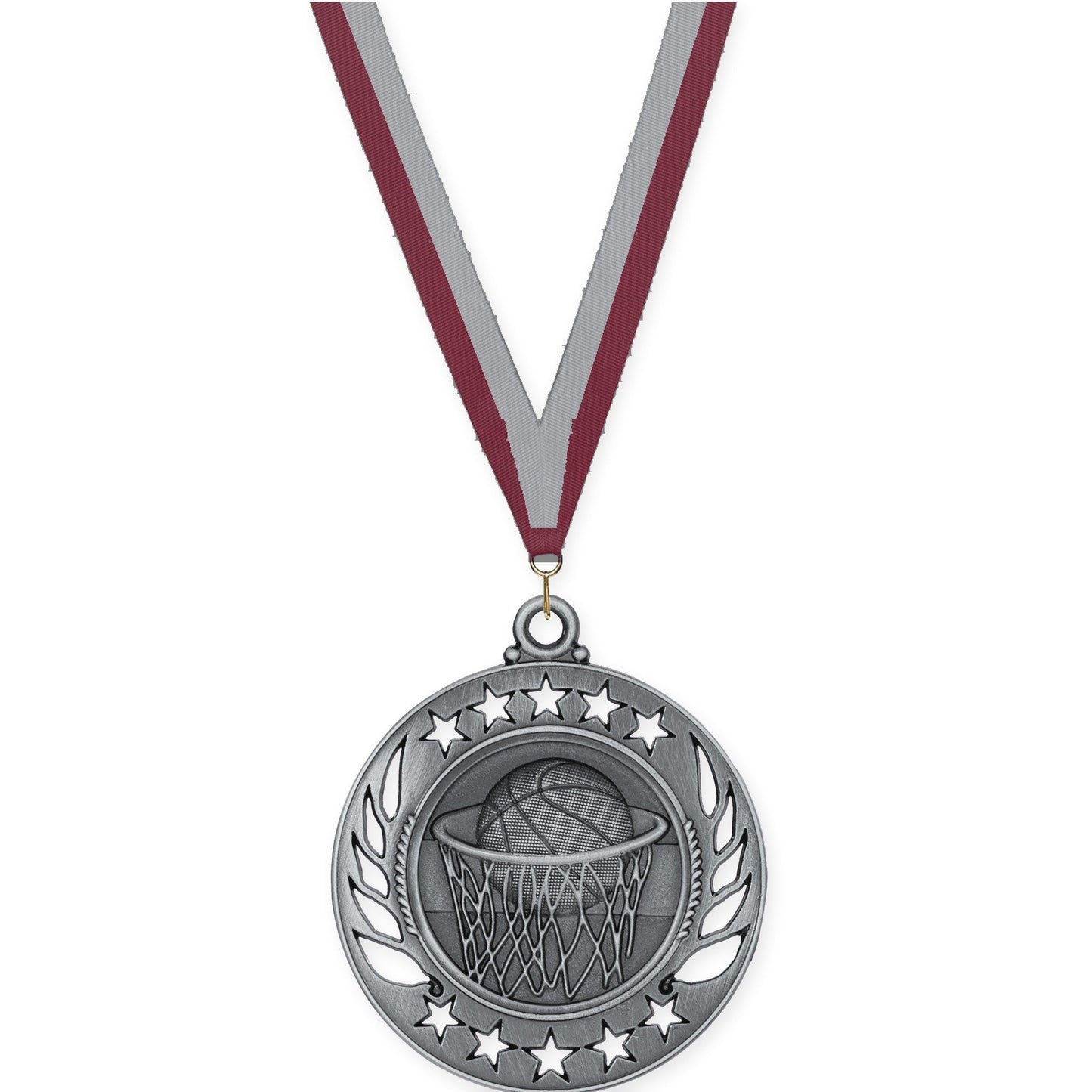 2 1/4 inch basketball Galaxy medal in antique silver with Maroon Gray neck ribbon