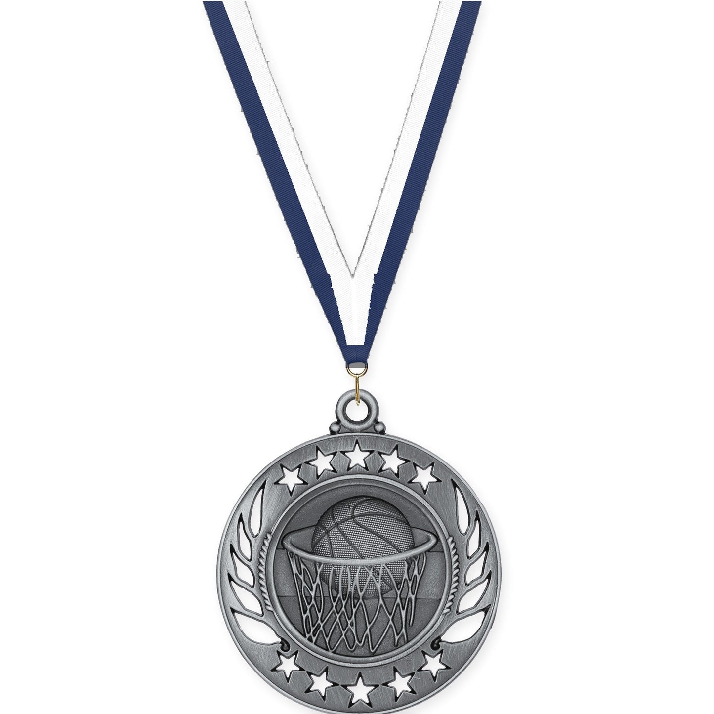 2 1/4 inch basketball Galaxy medal in antique silver with Navy White neck ribbon
