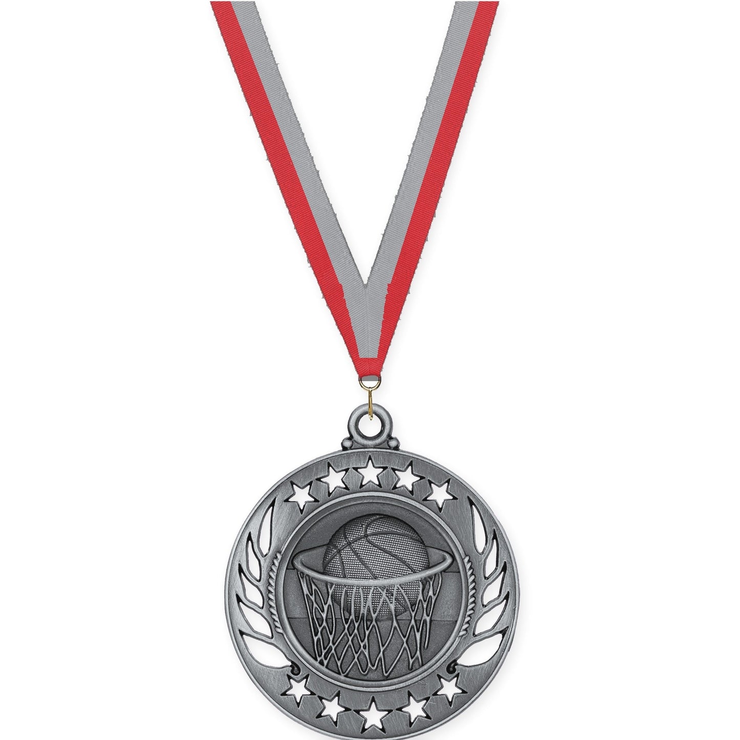 2 1/4 inch basketball Galaxy medal in antique silver with Red Gray neck ribbon