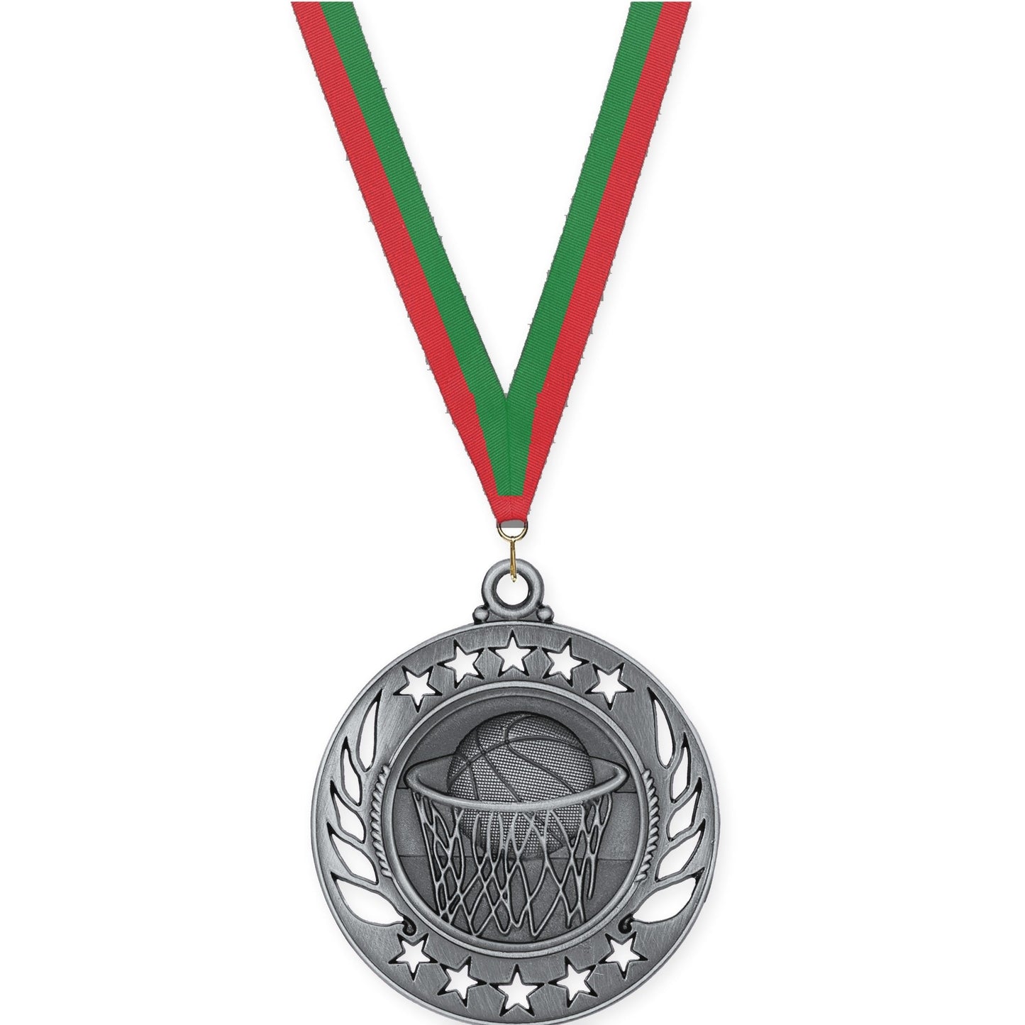 2 1/4 inch basketball Galaxy medal in antique silver with Red Green neck ribbon