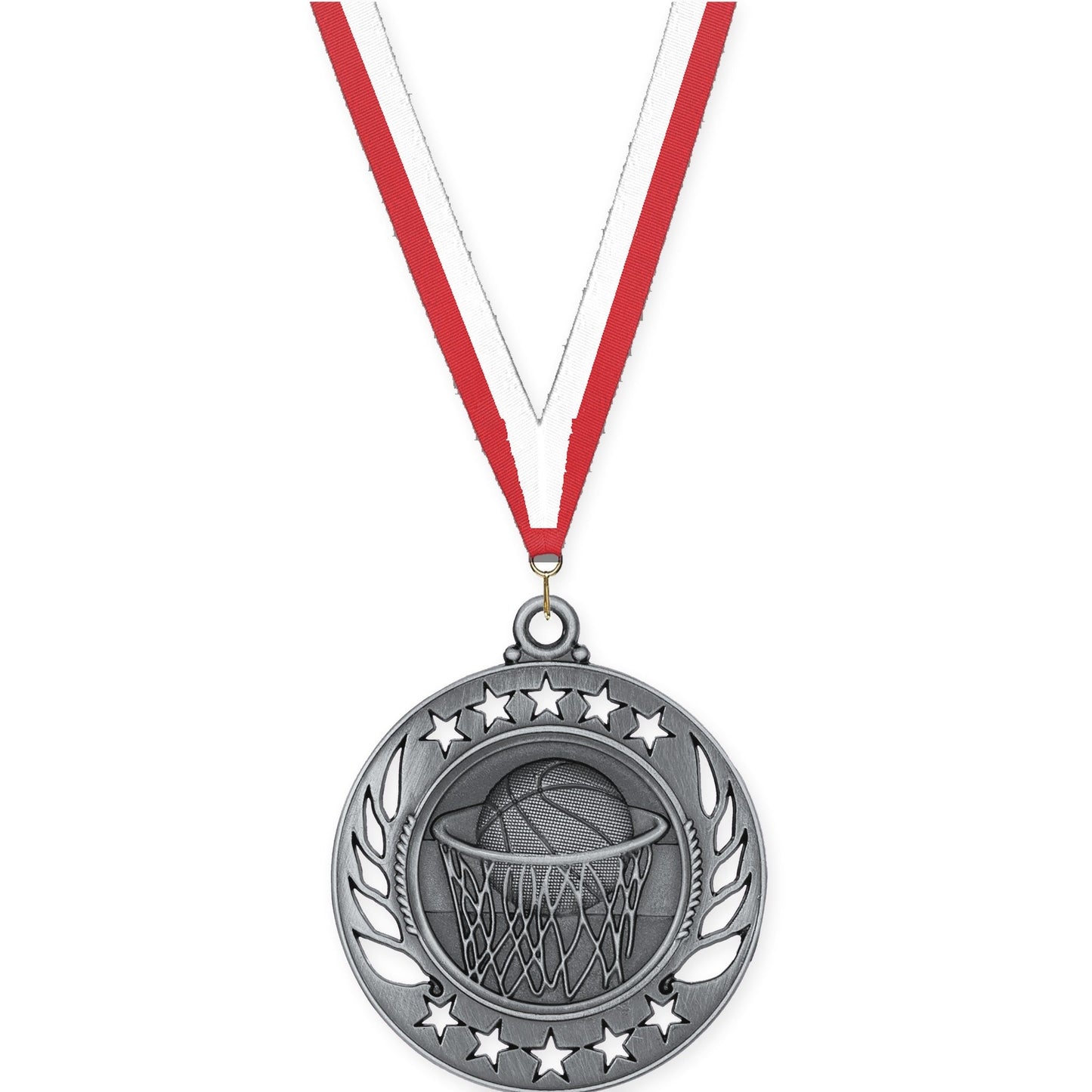 2 1/4 inch basketball Galaxy medal in antique silver with Red White neck ribbon