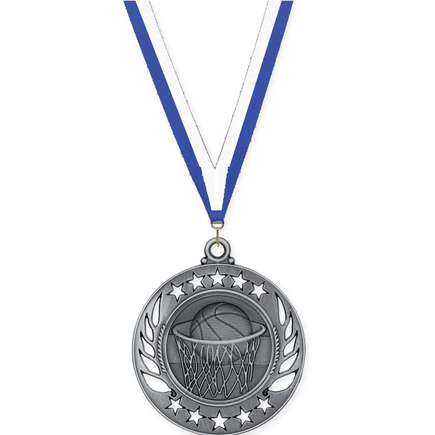 2 1/4 inch basketball Galaxy medal in antique silver with Blue White neck ribbon